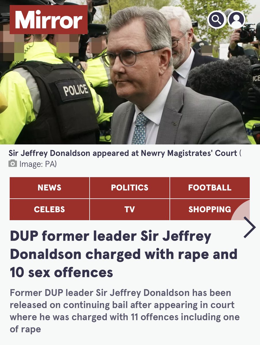 Sir Jeffrey Donaldson has been released on continuing bail after being charged with 11 offences including one of rape. The former DUP leader is also charged with one offence of committing an act of gross indecency and nine of indecent assault. Sir Jeffrey appeared at Newry