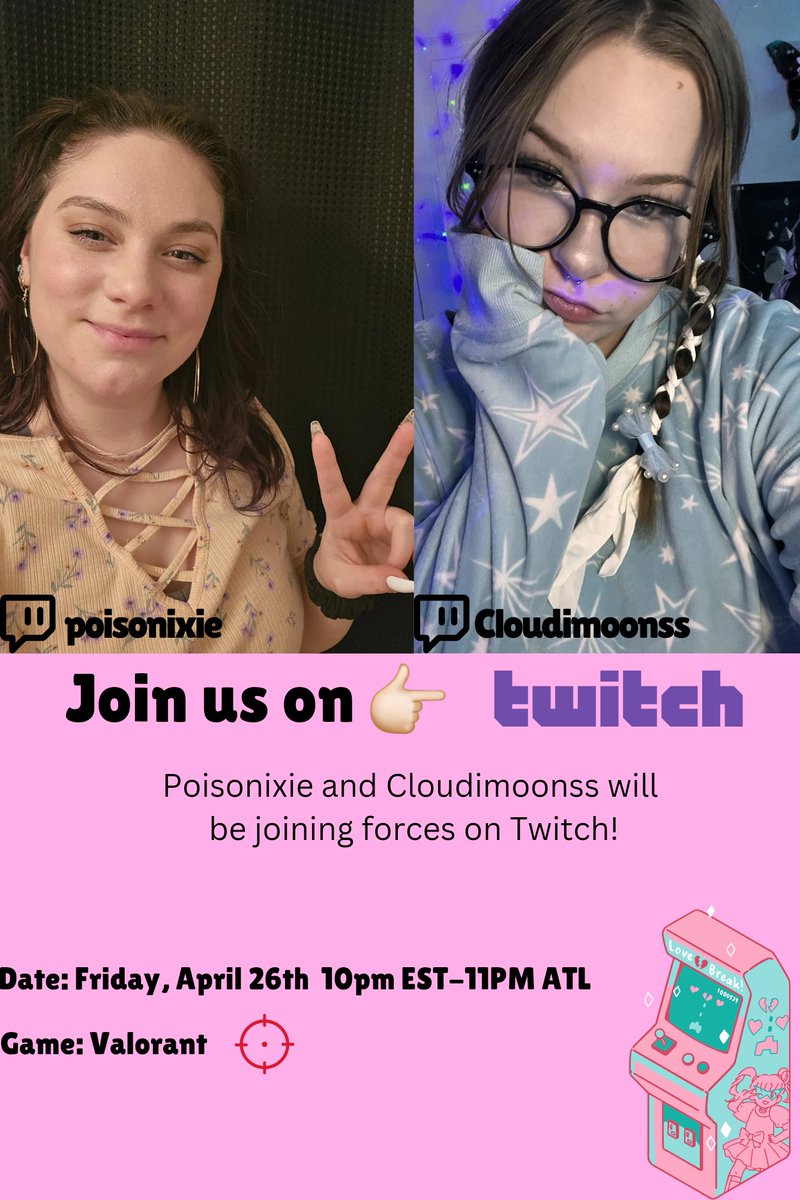 cloudimoonss's tweet photo. @Poisonixie and I will be playing valorant together this Friday at 10pmEST on Twitch!! Come join us and try not to laugh at me too much every time I die🤍 #SmallStreamersConnect #Twitch #twitchstreamer #VALORANT 
( https://t.co/TBSrj8mdUm ) https://t.co/gSPu4VviY7