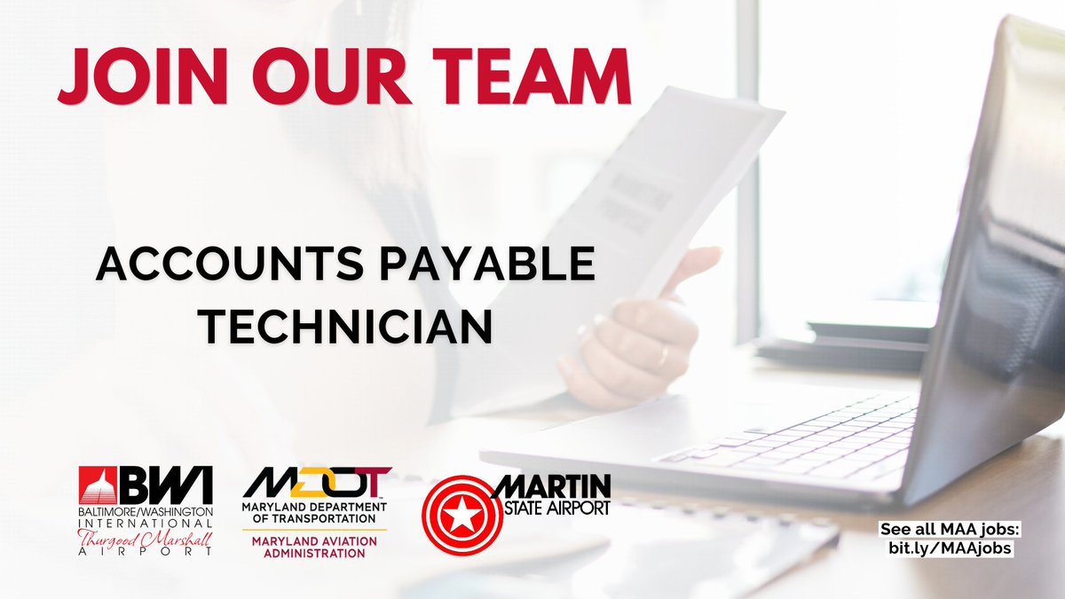 Finance professionals, we are looking for you! We are seeking applicants for the role of Accounts Payable Technician. Learn more and apply today at bit.ly/APtechnicianMAA. #MDOTcareers #careers #hiring #finance #airports