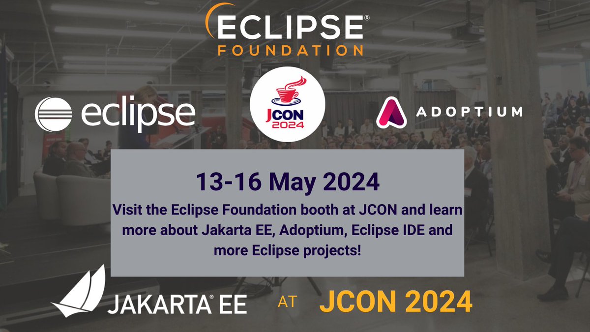 Join us at the Eclipse Foundation booth from 13-16 May at #JCON2024 to learn more about #JakartaEE, Adoptium, Eclipse IDE and other Eclipse projects. Limited number of free tickets for Eclipse Foundation members. Get it NOW! Promo code:ECLIPSE-AT-JCON hubs.la/Q02tY_180