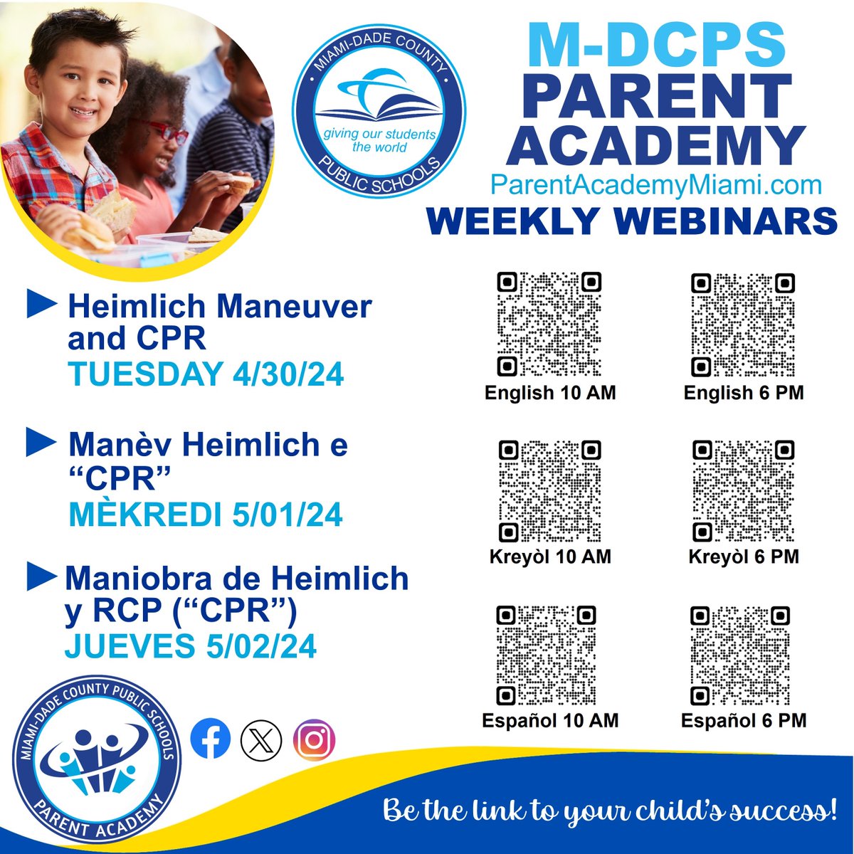 Parents, learn about the Heimlich maneuver and how to access CPR resources in your community at next week's webinar, joined by staff from @MDCPS Life Skills Department. Scan the QR Codes or visit parentacademymiami.com/parent-webinar… to register. #YourBestChoiceMDCPS