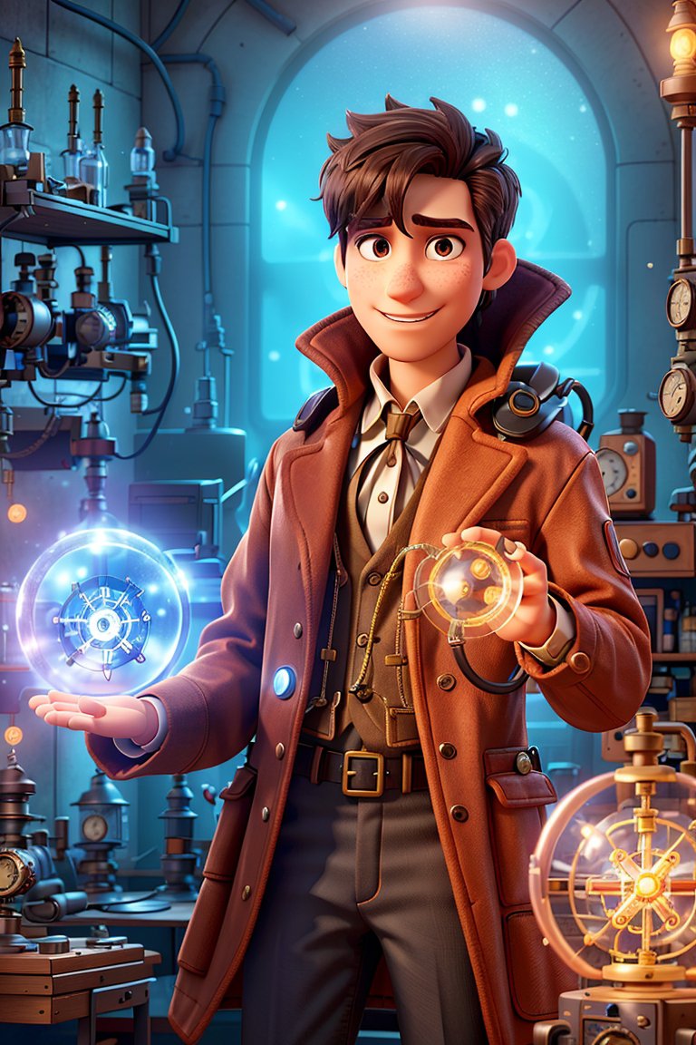 A steampunk inventor in his lab creating some mysterious energy source. It is not perfect not exactly what I have in mind but still not that bad either, just a few fixes here and there and ready.
