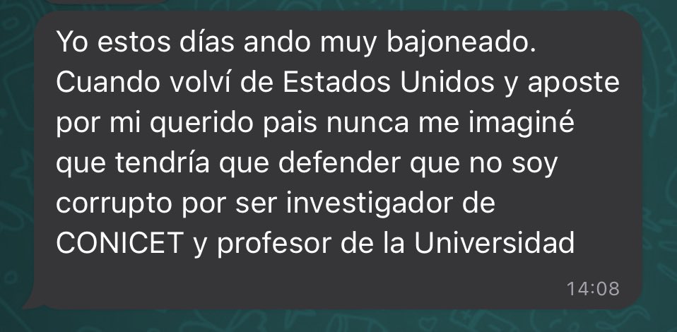 andyferreyra's tweet photo. Me quebró este mensaje que me envió el prestigioso investigador cordobés Marcelo García, ingeniero, profesor en la Facultad de Ciencias Exactas, Físicas y Naturales UNC.
Un señor que trabaja con el corazón: un maestro de niños y niñas.

Que me disculpe por esta infidencia. https://t.co/wVzYCSBd7x