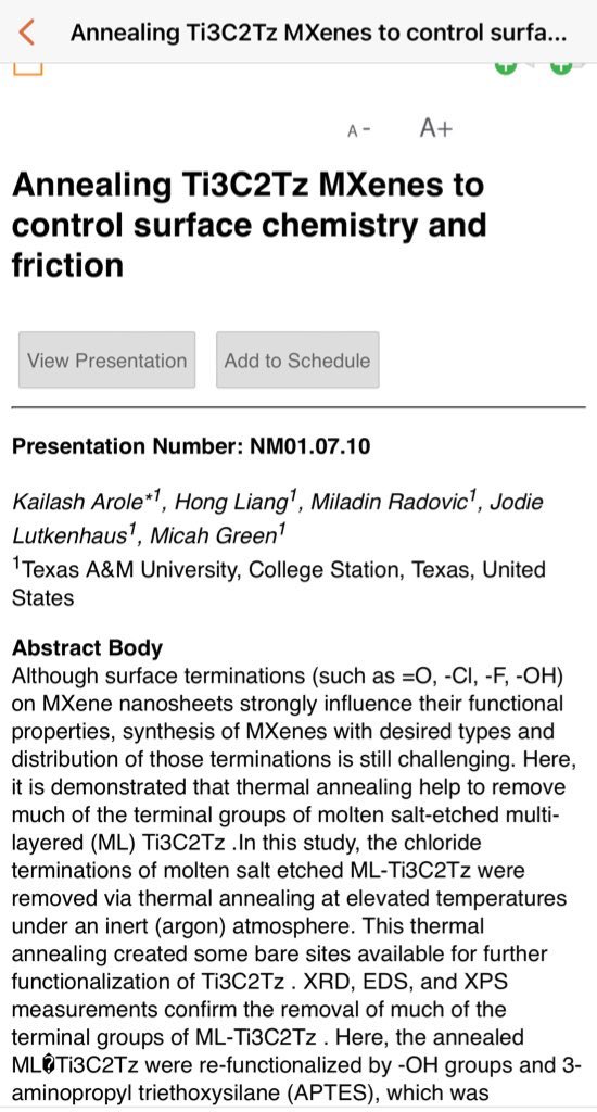 KailashArole's tweet photo. If you would like to know more about our recent work published in @ACS_AMI about “ Annealing Ti3C2Tz MXenes to control the surface chemistry and friction” visit poster session at Flex Hall C on 25th April #S24MRS
@MicahJGreen @JodieLutkenhaus @TAMUEngineering https://t.co/Kup3cuPqpS
