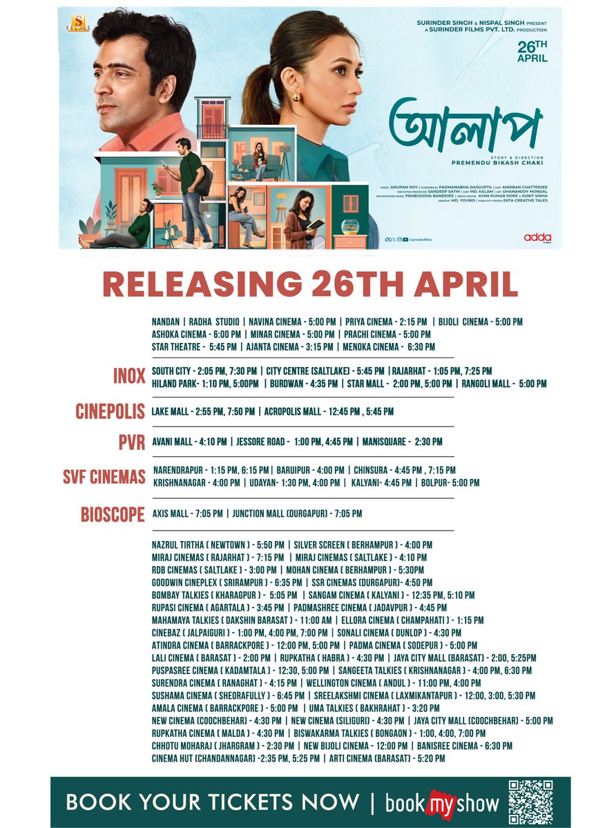 #Alaap, a film directed by #PremenduBikashChaki will hit the silver screen on 26th April Book my show advance booking is open now, get your tickets: in.bookmyshow.com/kolkata/movies… @itsmeabir @mimichakraborty @Iamswastika @aroyfloyd #SF2024 #Alaap #UpComingFilm #NewBengaliFilm