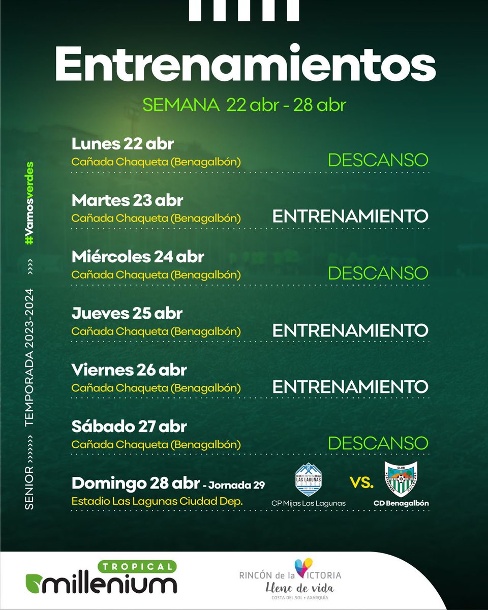 🏃‍♂️PLANNING SEMANAL⚽️💚

🔥 Este es el planning semanal de nuestro primer equipo.

💪🏻 El equipo volvió ayer al trabajo para preparar una nueva final, la jornada2️⃣9️⃣ en la que visitaremos Las Lagunas para enfrentarnos al líder #CPMijasLasLagunas .

#SeguirSoñando💚
#VamosVerdes💚