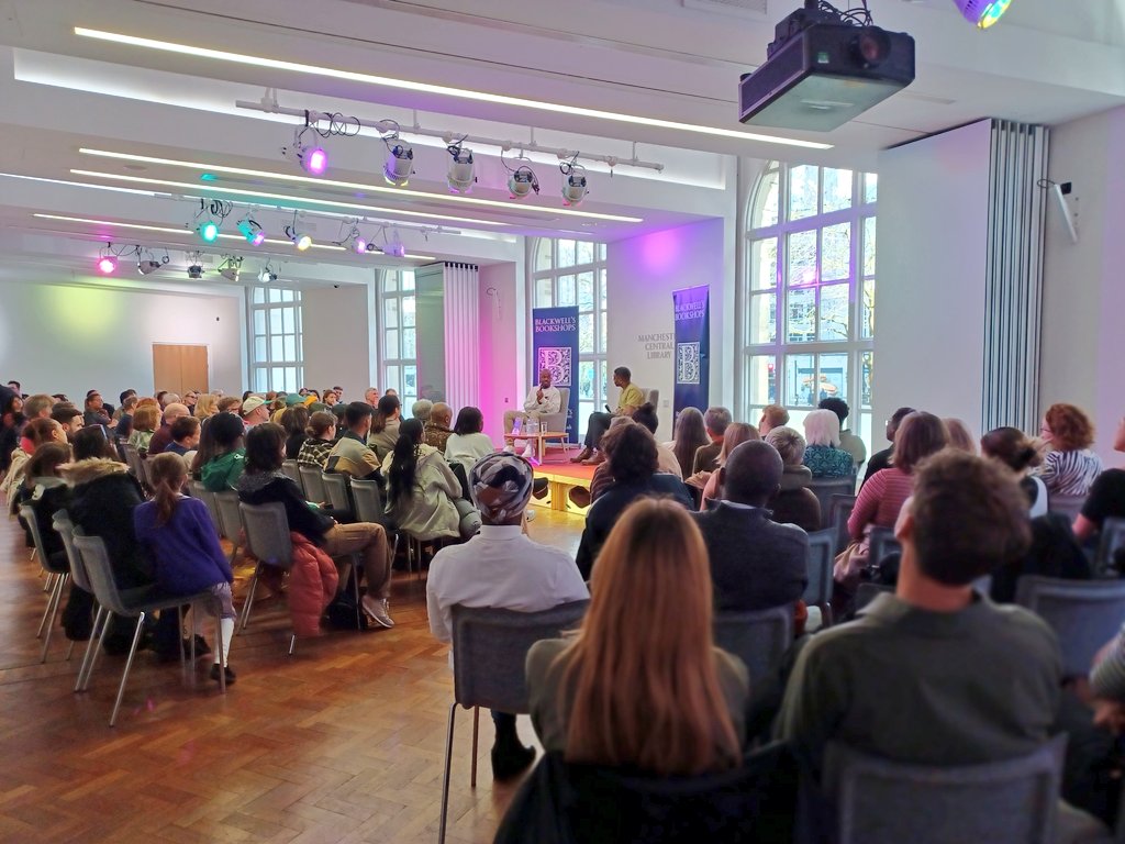 Brilliant to welcome the multi talented @GeorgeThePoet to Central Library in conversation with award winning author @NzeluWrites. Another packed event! Thanks to David and Red from @BlackwellsMcr .