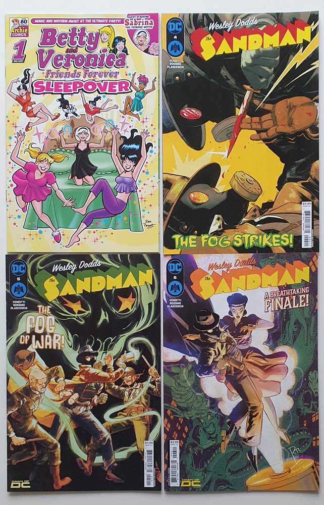 April #comichaul 1: #Newburn 15-6, #PineAndMerrimac 2-3, #BettyAndVeronica Friends Forever Sleepover, #WesleyDodds #Sandman 4-6 @rileyrossmo1 #serier #comics #crimecomics #archiecomics