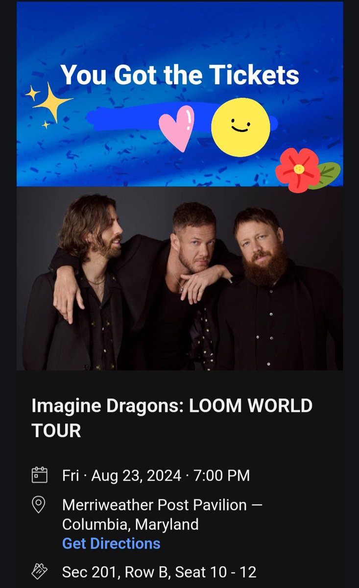 dmeg1209's tweet photo. @Imaginedragons @benamckee @DanReynolds @WayneSermon See you guys on August 23rd! So happy to have the opportunity to go to another concert of you! https://t.co/EXyhQHhqc8