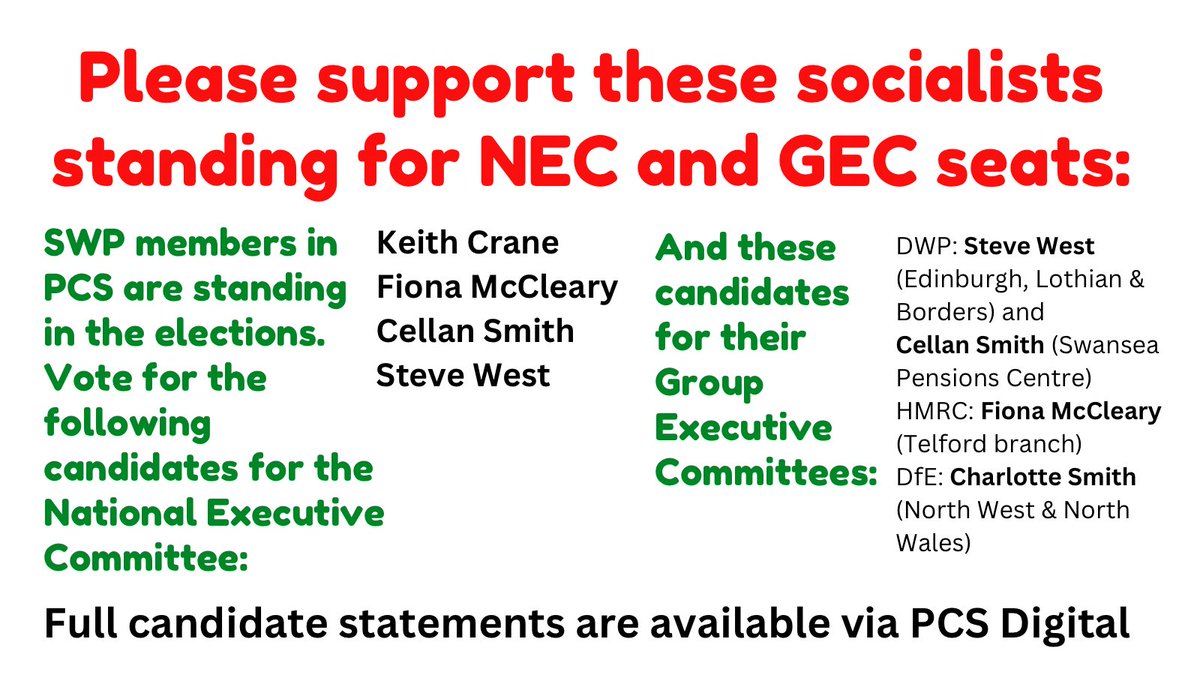 SWPinPCS's tweet image. Vote for these socialists in the current PCS National Executive and Group Executive Committee elections:

#PCSElections #PCS