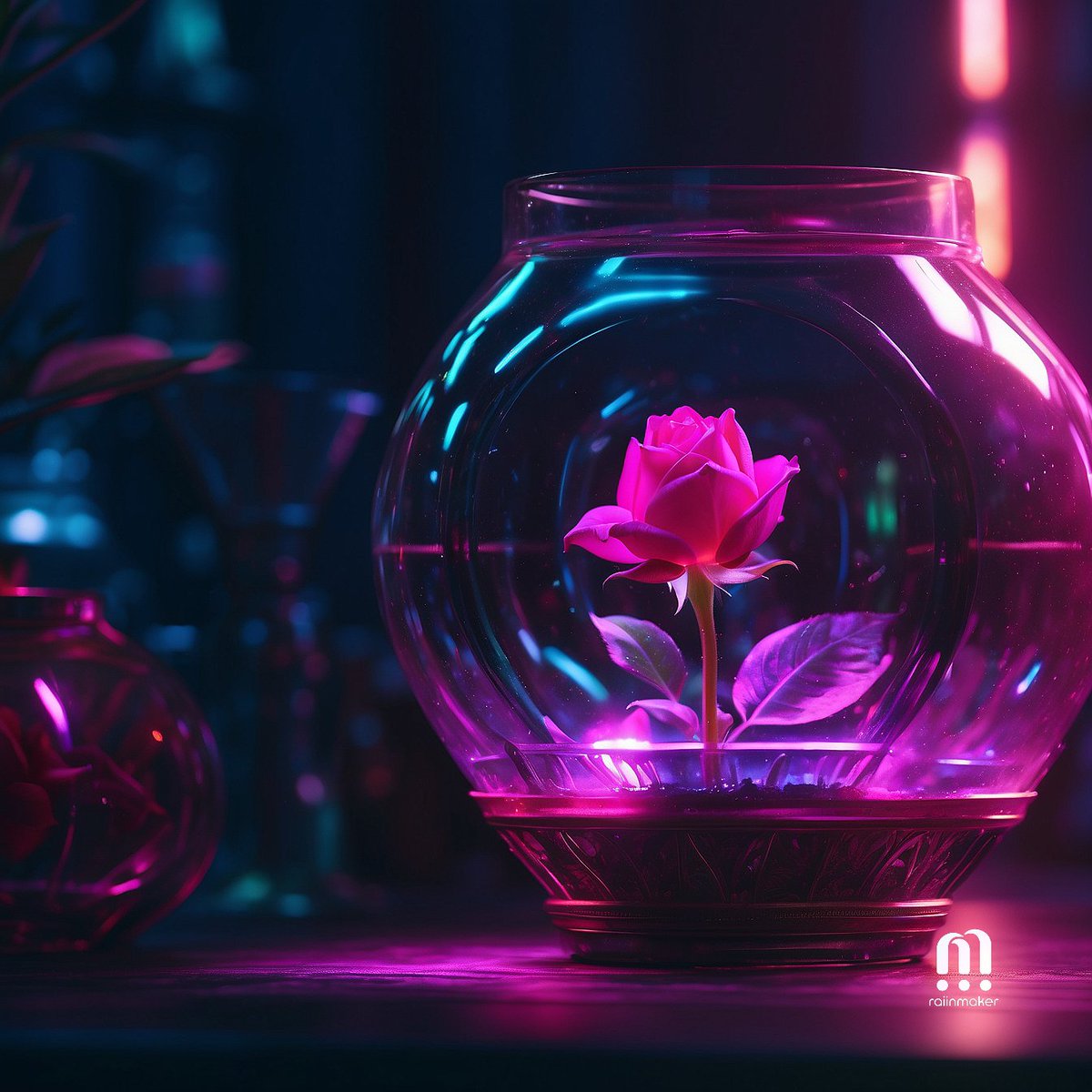 Neon glowing rose in a vessel, love the colors scheme with a cyberpunk vibe even when it's not also the rose came out pretty nice.