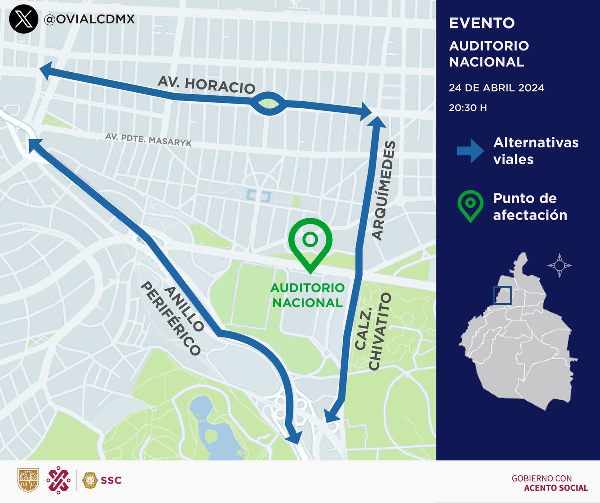 #PrecauciónVial | Considera afectación vehicular en Av. Paseo de la Reforma, en inmediaciones del Auditorio Nacional, por evento a las 20:30 horas. Consulta aquí #AlternativaVial