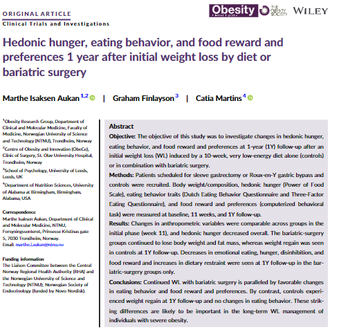 Hedonic appetite and eating behavior traits are important in long-term weight management success after bariatric surgery.