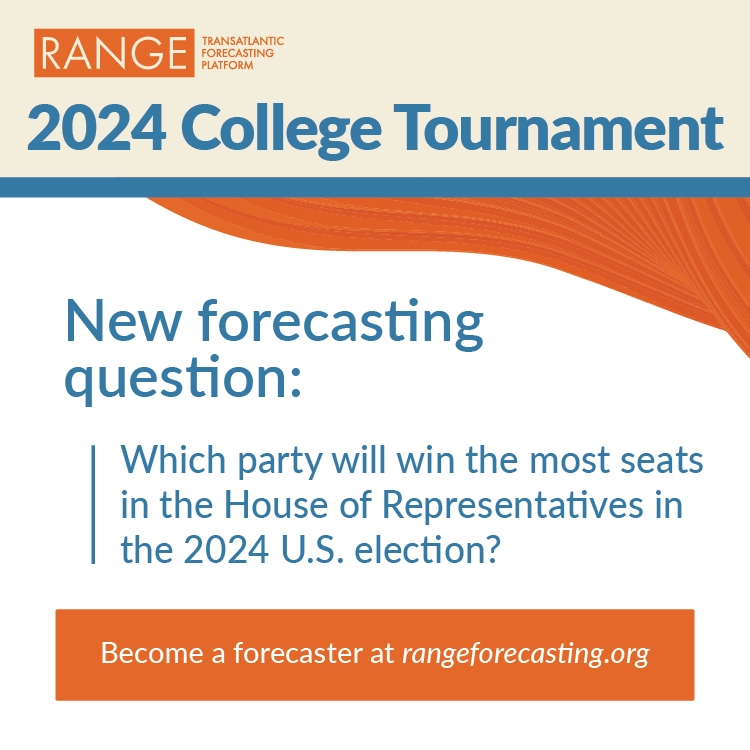 We only have a few more questions for our 2024 #RANGE College Tournament! New question: 'Which party will win the most seats in the House of Representatives in the 2024 U.S. election?' Get your forecasts in here! rangeforecasting.org/questions/139-…