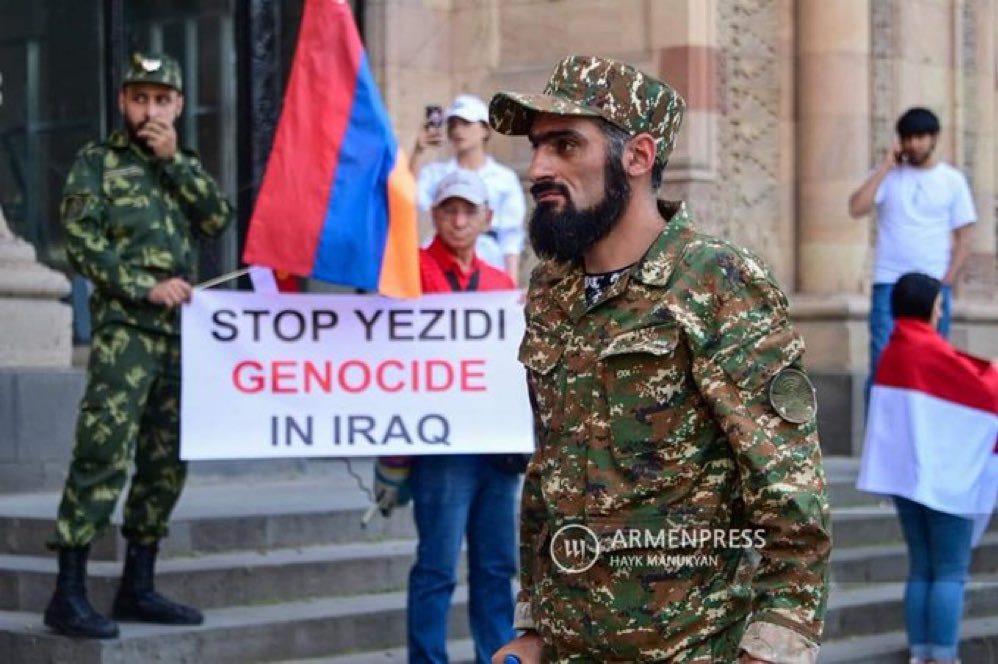 10,000 Yezidis kiIIed!
Reason: they refused to convert to lsIam!
7000 women and children were kidnapped and used as sex slaves!
2703 are still missing!

Real Genocide of 500,000 Yezidis in Iraq has been fully ignored by UN, media and no one marched for them!

Pic from Armenia!