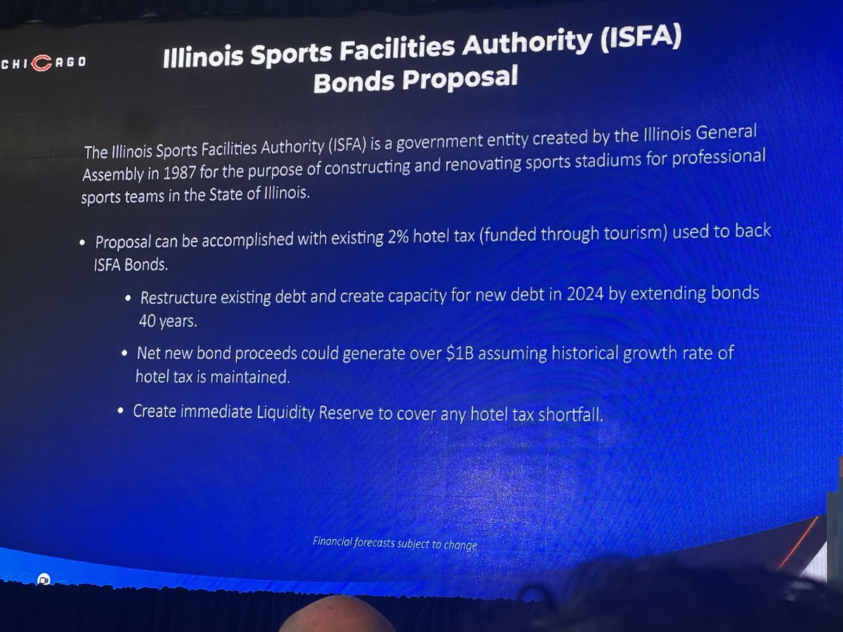 Hotel tax used to refinance existing $629 million debt on Solider Field renovations from 20 years ago and new bonds of $1 billion.