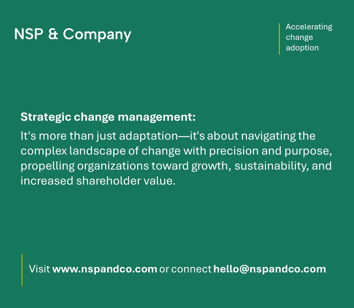 Focused on maximizing #growth, sustainability, and shareholder value? Discover the power of strategic change management. Quickly align resources and culture with strategic objectives to fuel value creation. Connect with us nspandco.com
#ChangeManagement #Transformation