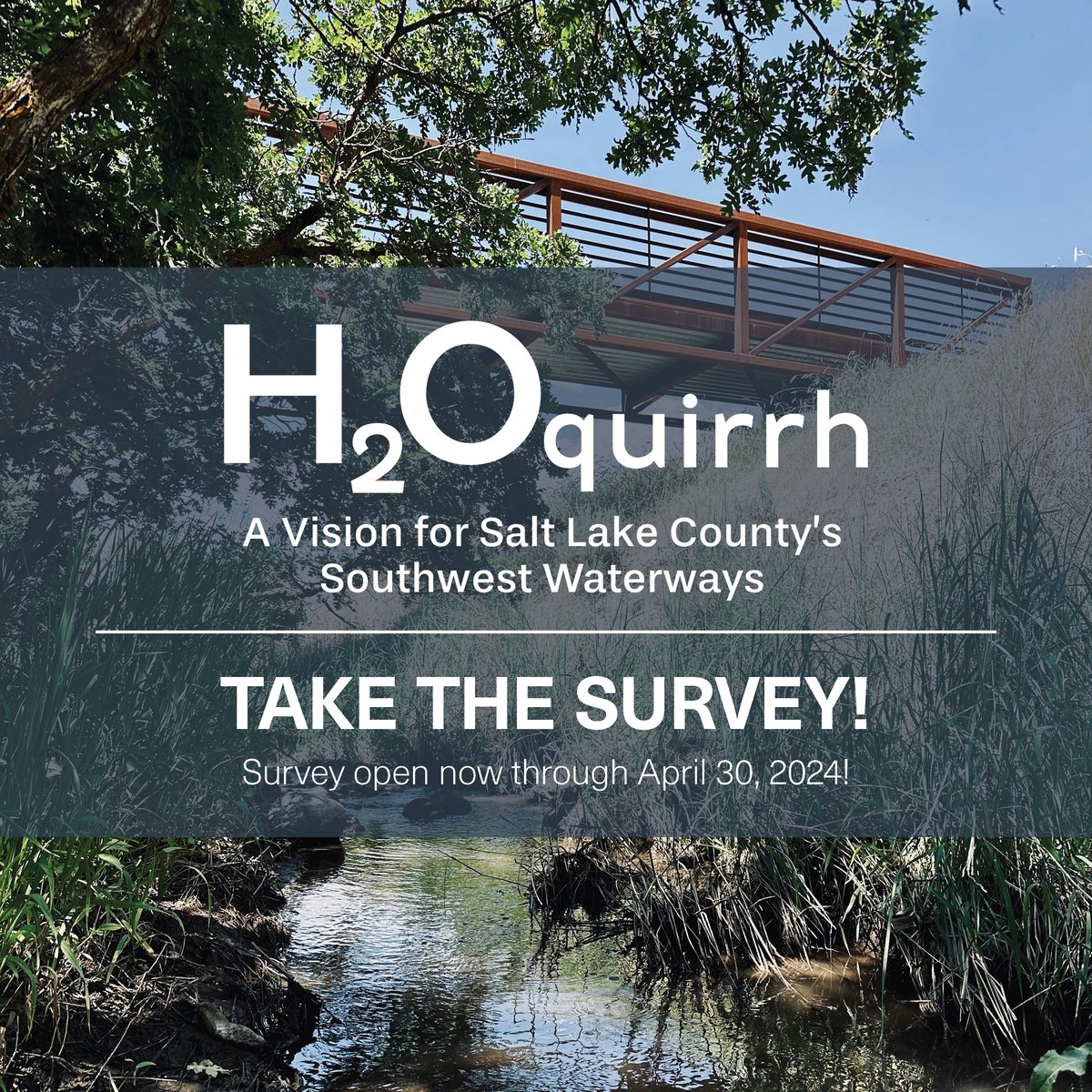There is just one week left to take the H2Oquirrh Visioning Plan Survey!

Dive deeper into the vision for Salt Lake County's waterways and share your thoughts by taking the survey at slco.to/h2Oquirrh. Hurry, the survey closes next week on April 30, 2024!