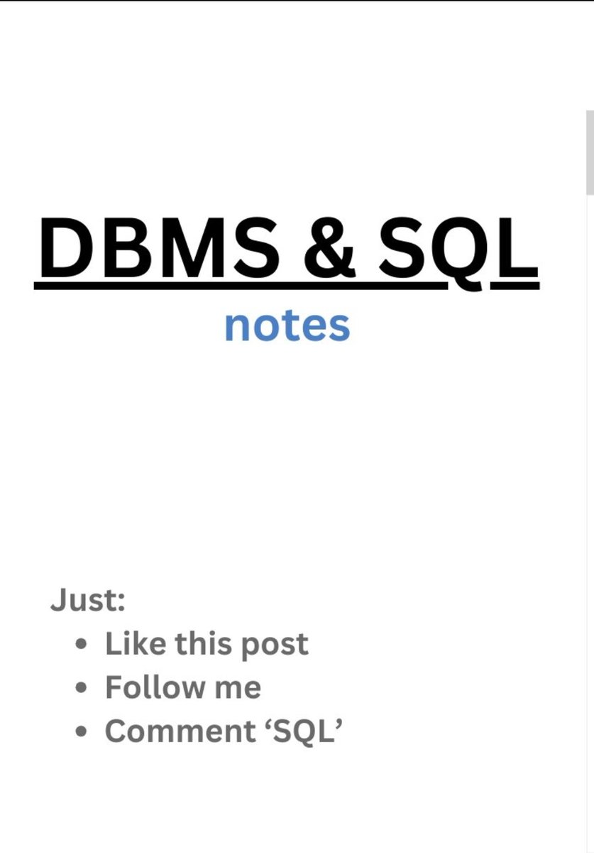 DBMS AND SQL NOTES 💯🔥 

Get Absolutely Free 🤩🆓 

Simply 👇
1 . Follow [So I Can Dm You]
2.  comment [SQL]
3. Repost

Note..[Only For first 10 DM ✨]

#SQL #DataScience #course