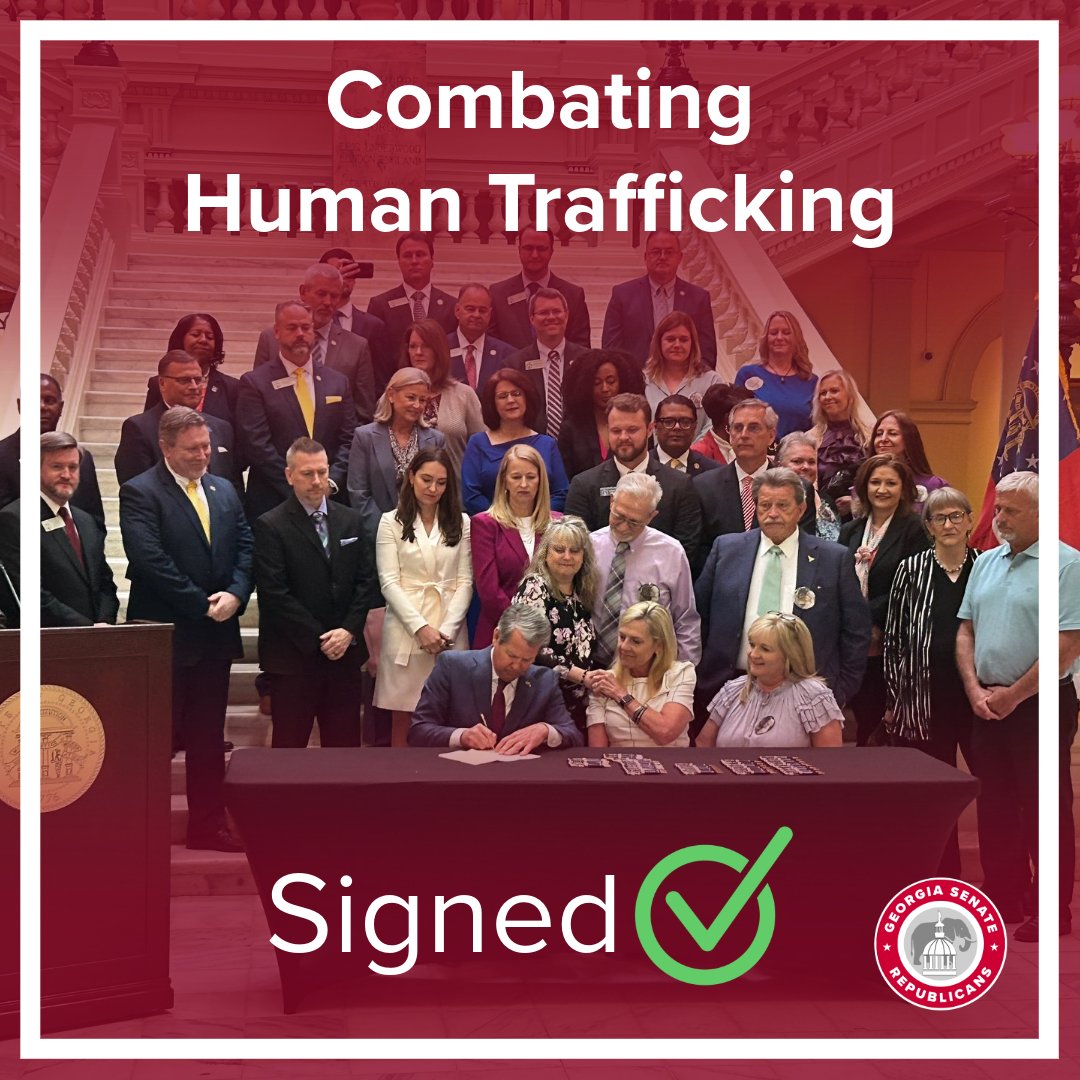 Senate Republicans are proud to stand alongside @GAFirstLady in the fight against human trafficking in our state. Today’s bill signings are another step toward protecting Georgians and Americans from this heinous crime and creating a safer environment for all.
