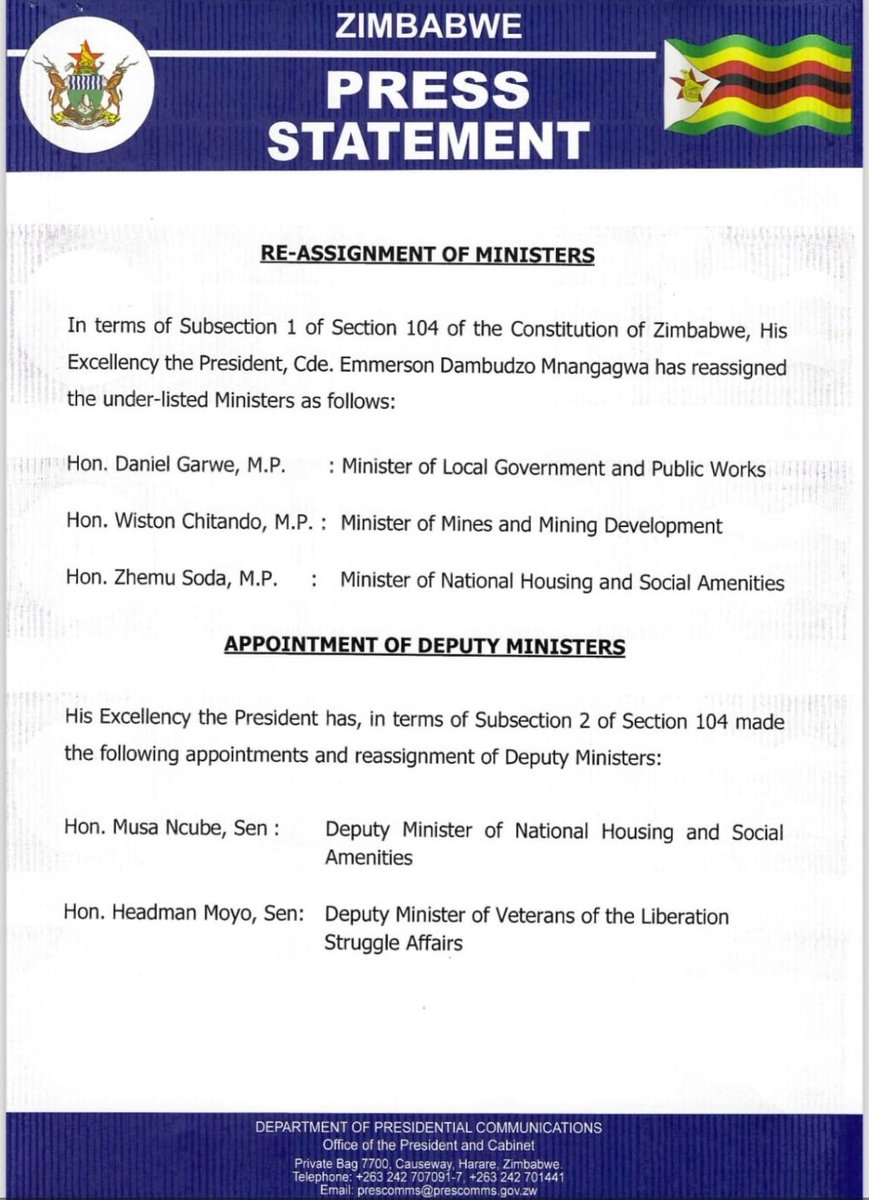President Mnangagwa has reassigned three ministers and appointed two deputy ministers.
#communitydiaries