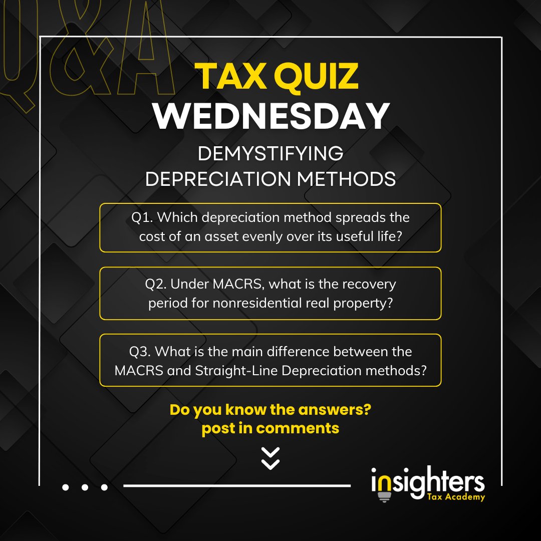 🚀Tax Quiz Wednesday: Demystifying Depreciation Methods!

✅ Answers:
A1. Straight-Line Depreciation.
A2. 39 years for nonresidential real property.
A3. Rate of depreciation.

How'd you do? Share your score!

#TaxQuizWednesday #Depreciation #TaxPlanning #InsightersTaxAcademy #tax