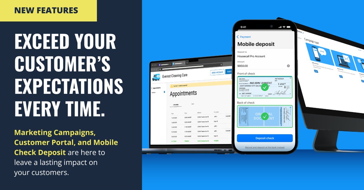 Don't miss our new features that will exceed your customer's expectations. You can now win repeat business with email and SMS marketing campaigns, elevate your customer experience with our Customer Portal, and get paid faster with Mobile Check Deposit. bit.ly/3UlRmhK