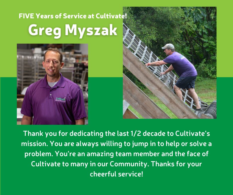 If you run into this guy, tell him congratulations on five years with Cultivate! Since he started, we've rescued over 6 million pounds of food, and Greg likely drove the truck carrying nearly all of them! #cultivatefoodrescue #servantheart #foodrescue #mudrun
