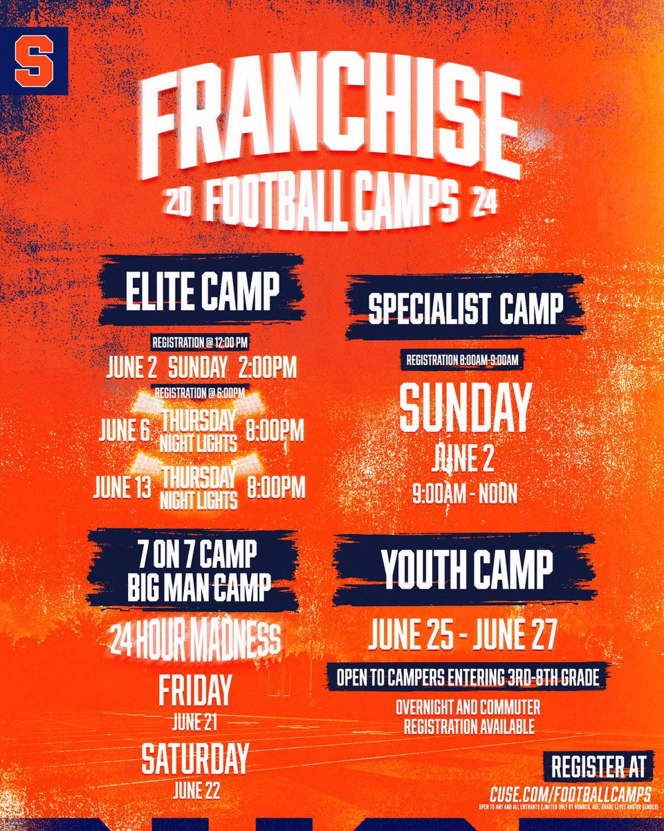 Come show us what ya got 🎯 

Now’s your chance to secure a spot in this summer’s camps. Go to Cuse.com/footballcamps for info and registration.