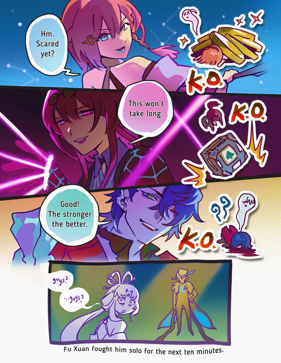 fenkko's tweet photo. all my damage dealing characters died in the second phase so i ended up fighting him with my sole survivor fu xuan and they had a preservation-off 

#hoyocreators #aventurine #hsrcomic https://t.co/b2ri3dzuTy