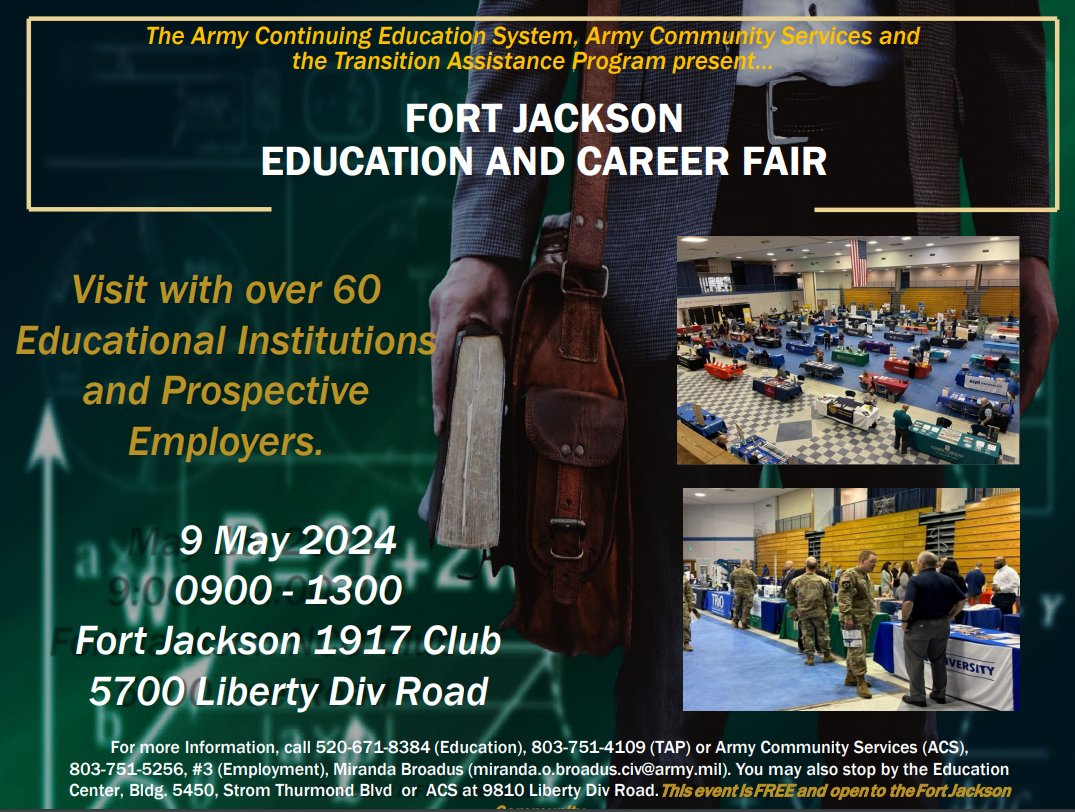 Happy #WorkforceWednesday!

Today, MEBA is highlighting the Fort Jackson Education and Career Fair, taking place on May 9, 2024!

This will be a great opportunity to find a meaningful career in a variety of fields within the US Army.

#creatingcareerconnections #careerfair