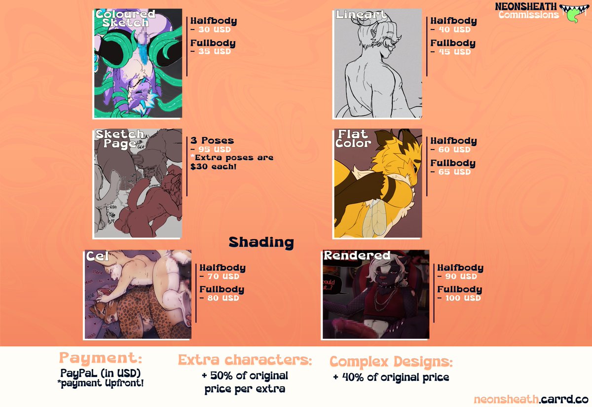 Updated c✧mmission sheet for 2024, as well as added a new option c:

For more info, my TOS, and NEWER examples, check out my carrd in my bio
Y'all can take a look at my "will you draw x?" sheet as well for kinks and topics I'm comfortable drawing