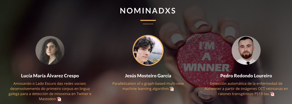 Y con la traca final de la #FEPEFIC

PREMIO AL MEJOR TFG APLICADO DE LA FIC (ptfg.fic.udc.es/index-gal.html) #ptfgFIC #talentoFIC

¡¡De 13 a 14h en el Salón de Actos!!

Recordad que los nominados son:

👩🏻‍💻 Lucía María Álvarez Crespo
🧑🏻‍💻 Jesús Mosteiro García
🧑🏻‍💻 Pedro Redondo Loureiro