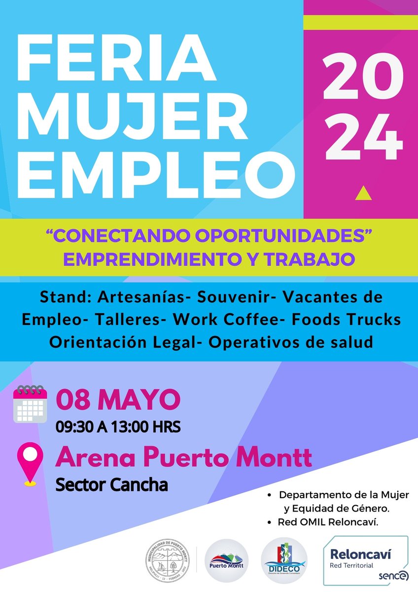 DidecoPM's tweet photo. La Municipalidad de Puerto Montt extiende la invitación para visitar la "Feria Mujer Empleo" que se realizará el próximo 08 de mayo, desde las 09:30 a 13:00 hrs. en Arena #PuertoMontt 

Artesanías, talleres, vacantes de empleo, orientaciones, work coffee y otras actividades. https://t.co/N9tWAUELYv