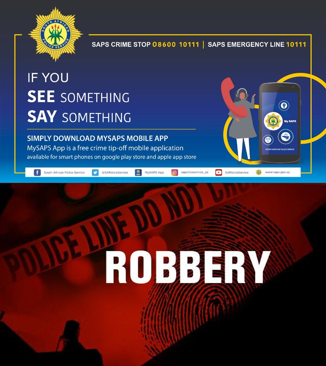 #sapsLIM #SAPS Polokwane investigate a case of robbery after a male victim was robbed of his belongings including money at the Old Peter Mokaba Stadium on 23/04. A case of robbery with firearm was opened to trace and arrest the suspects. Info->Constable Precious Masoga on 068 211