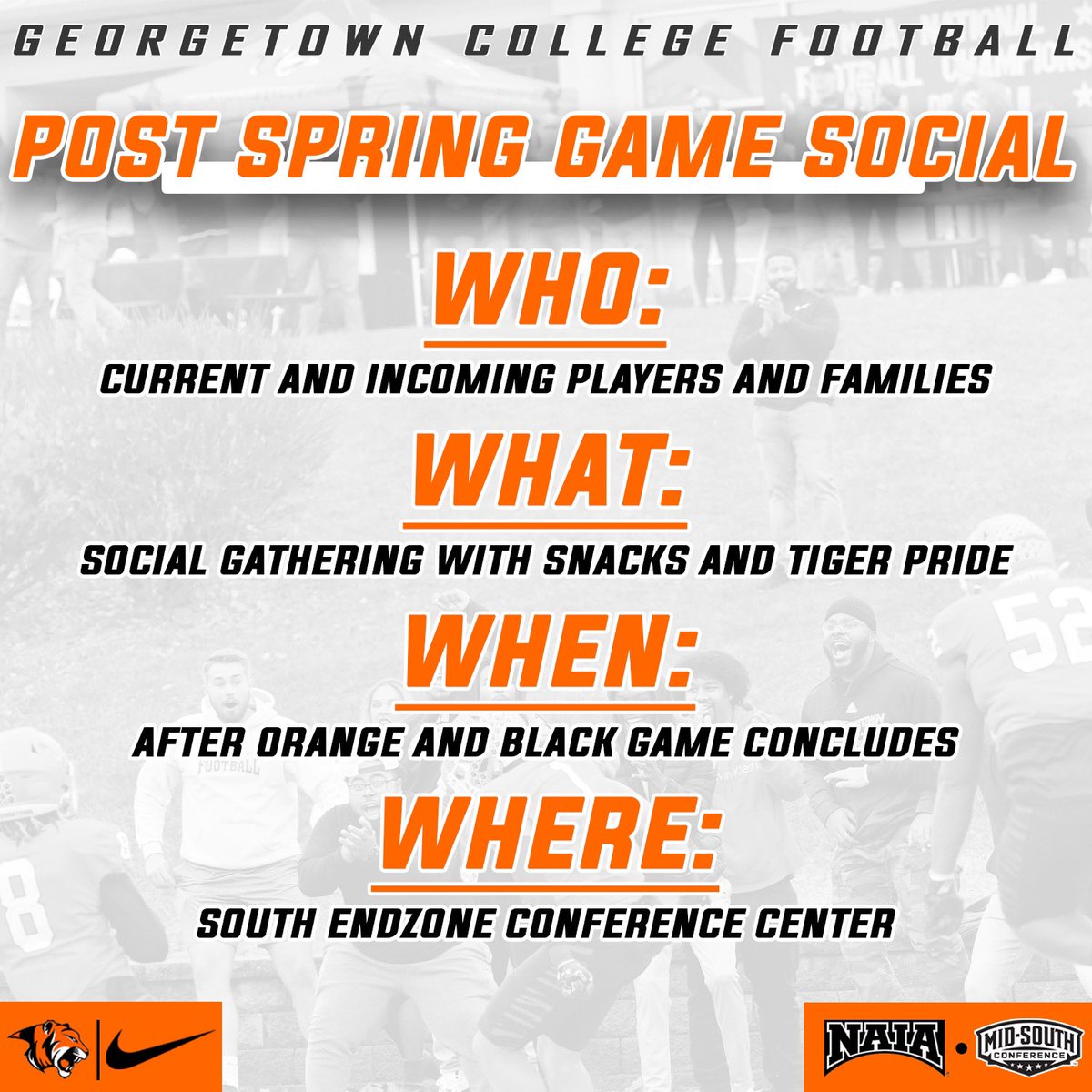 To all current and incoming players and families: We are excited to have you join us in the South Endzone Conference Center for our Post Spring Game Social! There will be coffee, snacks, and a lot of Tiger Pride! See you all there🐅 #TigerPride🐅 | #1and0