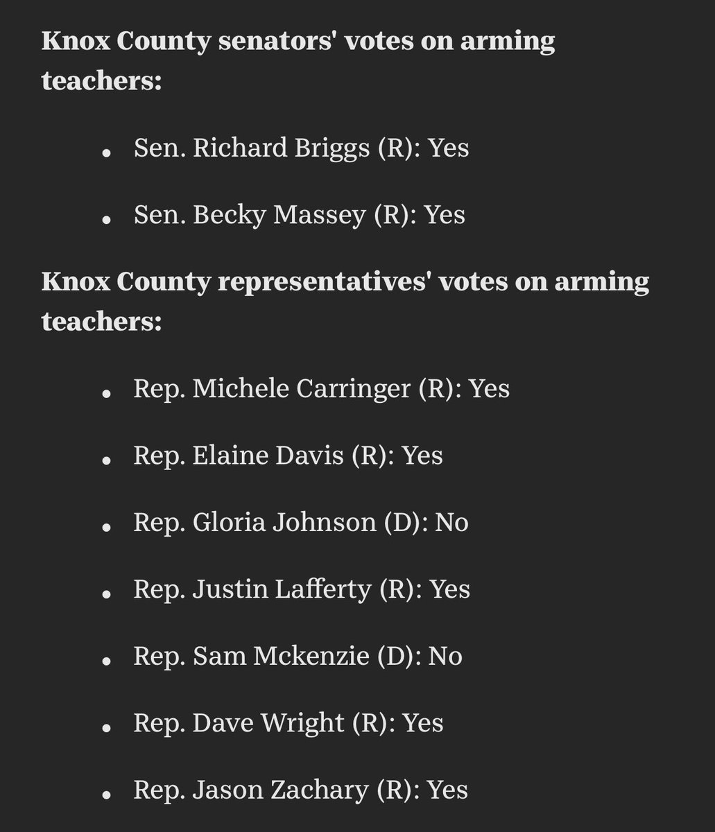 💥Hey Tennesseans who live in Knox County:
Remember these senators and representatives who voted yes to arm teachers in your schools. 
💥We can make a difference at the ballot box so vote them out. Protect your child. 
#BloodOnTheirHands  
#VoteBlueTN #VoteBlueDownBallot