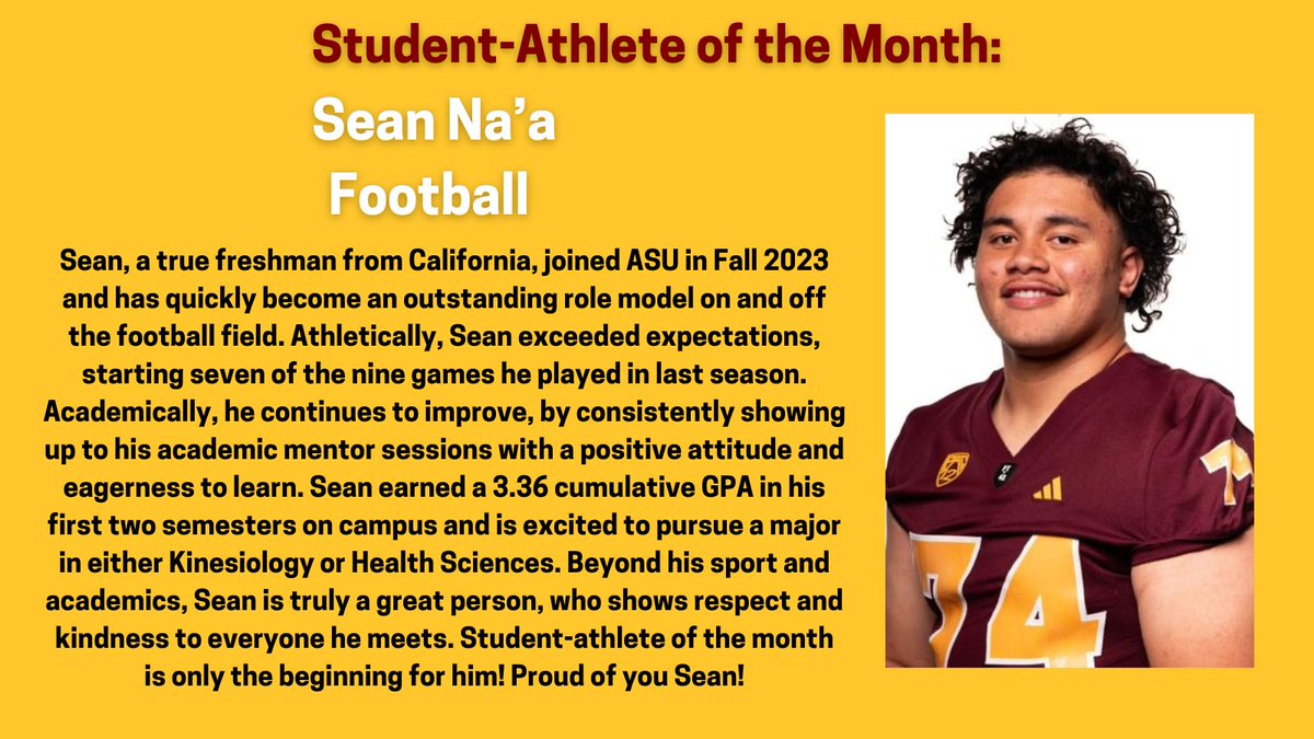 Congratulations to Sean Na'a from @ASUFootball for earning our Most Improved Male Student-Athlete of the Month! Your dedication and progress are truly motivating and showcase your commitment to excellence. Keep up the great work! @TheSunDevils #O2V