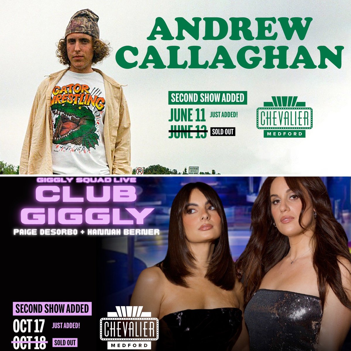 🚨🚨 ADDED SHOWS 🚨🚨 Get tickets @ 10AM TODAY 👇 🎟️ : chevaliertheatre.com/presales Andrew Callaghan - 6/11 (6/13 = SOLD OUT❌) Giggly Squad - 10/17 (10/18 = SOLD OUT❌) -- @beingbernz