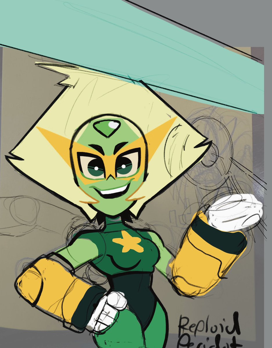 Been trying to rough out an idea of a Reploid Peridot. Pictured her making weaponry for Maverick Hunters.