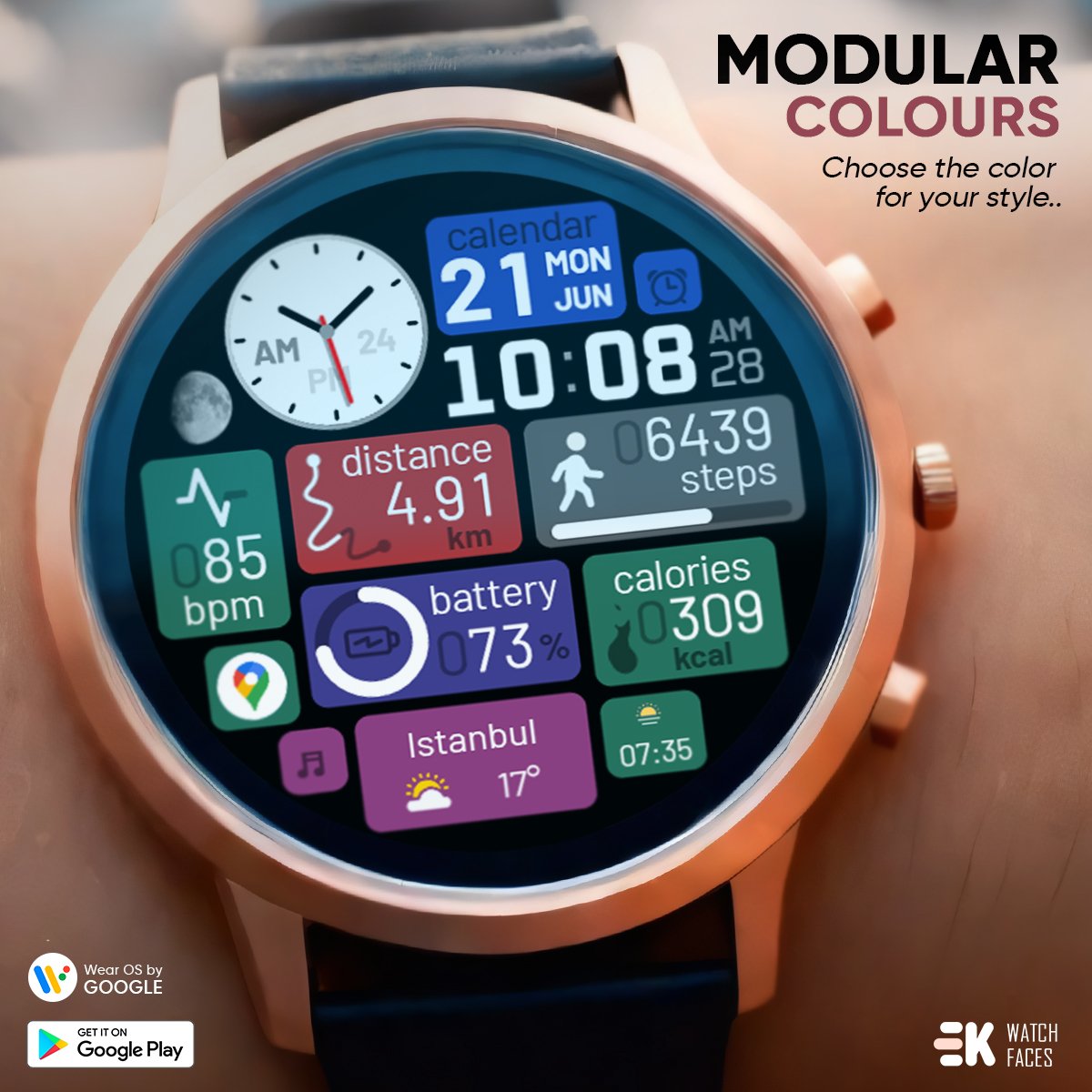 Choose the color for your style.. 💯

Wear OS: play.google.com/store/apps/det…
Tizen: galaxy.store/modularcOther
Watches: play.google.com/store/apps/dev…

#ticwatch #wearosface #watchfaces #wearosbygoogle #galaxywatch4 #galaxywatch5 #galaxywatch6 #androidwear #googleplay #suunto7 #fossilwear