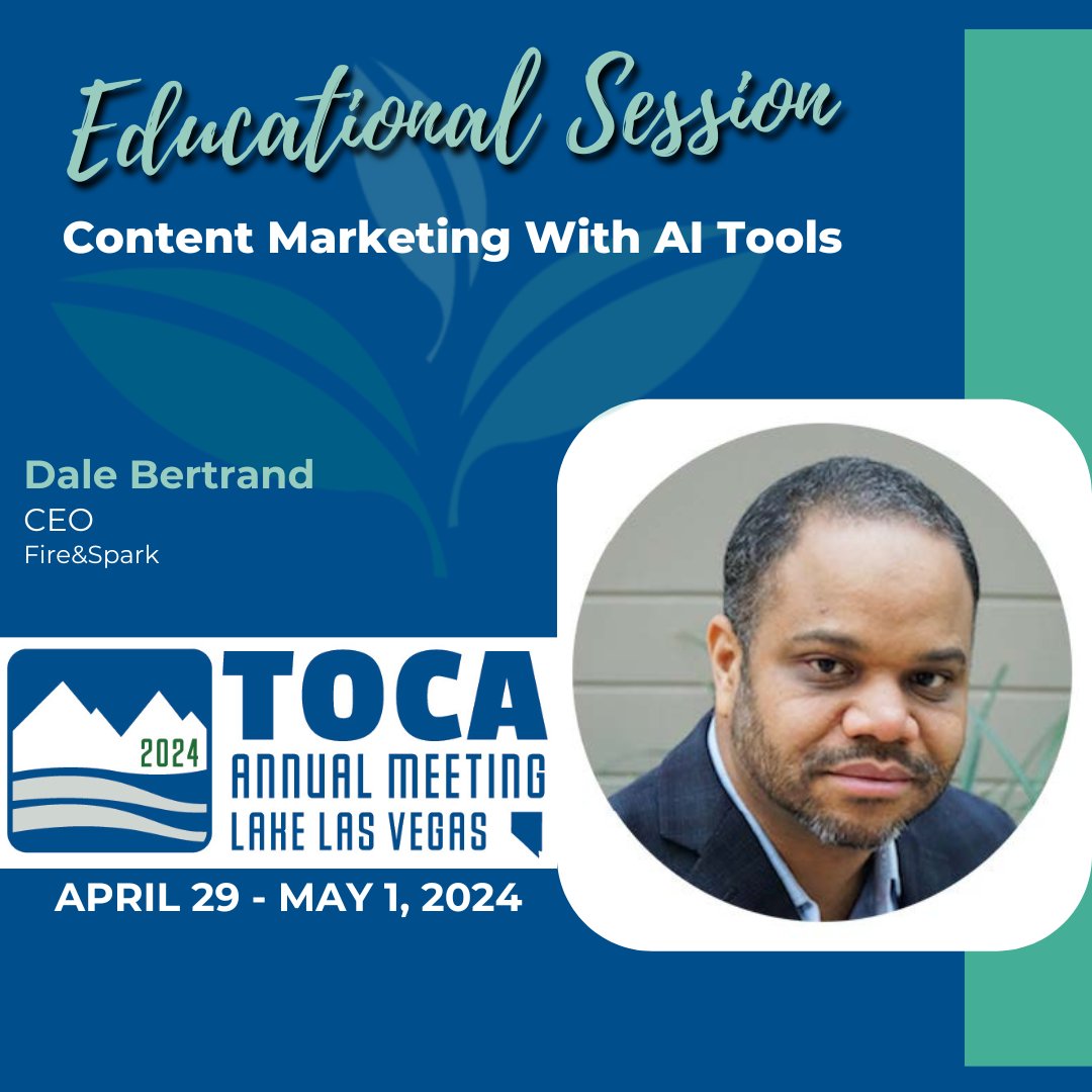 Dale Bertrand with fireandspark will be speaking at the 2024 TOCA Annual Meeting coming up next week in Lake Las Vegas, Nevada. There's still time to register! bit.ly/TOCA2024Mtg #TOCA2024
