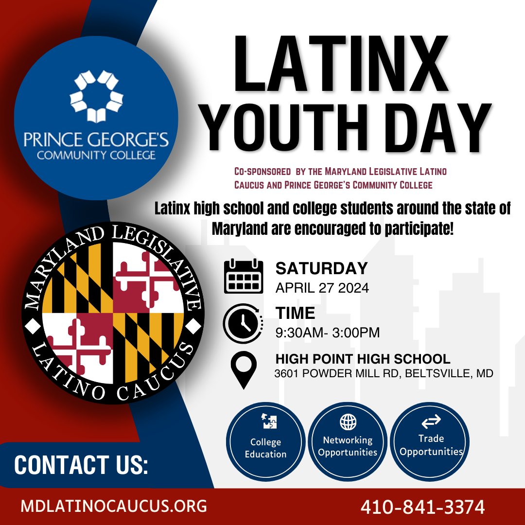 .@pgccnews & .@MDLatinoCaucus is hosting a #Latinx Youth Day on Sat, April 27 from 9:30AM-3PM at High Point High School. Great #college education, #networking opportunities, & #trade opportunities for high school & college students of #MD. #Beltsville