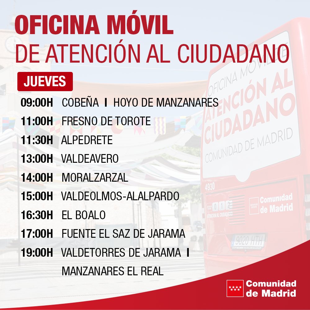 ✅ La oficina móvil de Atención al Ciudadano recorrerá este jueves 11 municipios de la sierra central y este de la @ComunidadMadrid. 📲 Pide tu cita: c.madrid/cita012 + Info: c.madrid/oficinamovil