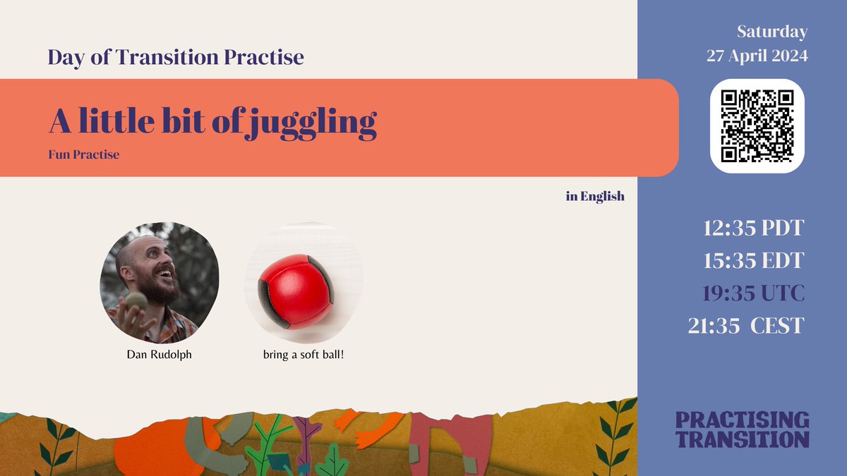 Share your stories, share your gifts. Deborah and Liza will be listenting and and holding space. Dan, will be playing 🤾🏾‍♂️ with a ⚾ too get us moving. 🤹🏽‍♂️ Join the team for fun and games this Saturday: events.transitionmovement.org/day-transition…