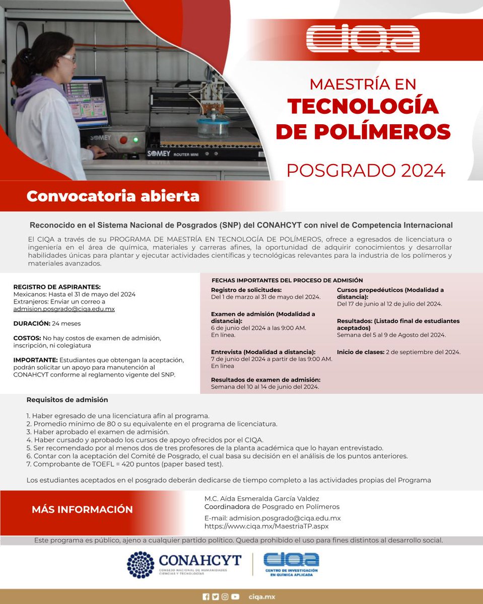 ¿Te interesa la Maestría en Tecnología de Polímeros del #CIQA? Revisa los requisitos y fechas importantes del proceso de admisión.
ciqa.mx/MaestriaTP.aspx
Llena tu solicitud de admisión en línea: n9.cl/76oml