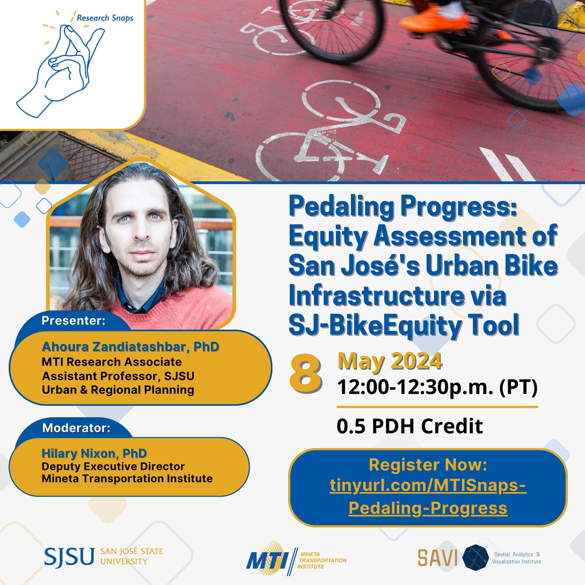 San José has a plan for a 557-mile network of bikeways for all ages and abilities to support 20% of all trips made by bike by 2050. How do policymakers ensure the distribution of this infrastructure is equitable? Join MTI to learn about SJ-BikeEquity Tool transweb.sjsu.edu/events/Pedalin…