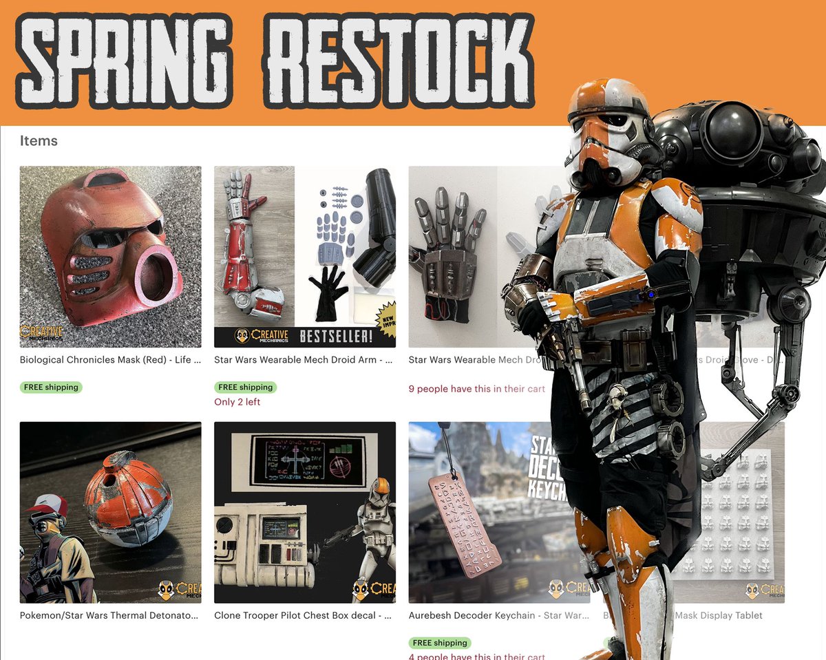 creativemechncs's tweet photo. Spring restock! 
.
Upgrade your arsenal. 
Claim what’s yours!
.
Etsy link in bio or here: https://t.co/yjLPvF9SYy
.
.
#starwars #bionicle #etsy #creativemechanics #droidhand #droidbuildersclub #droidbuilder #mandalorian #mandomercs #mando #starwarscosplay https://t.co/4tclHM9Pat