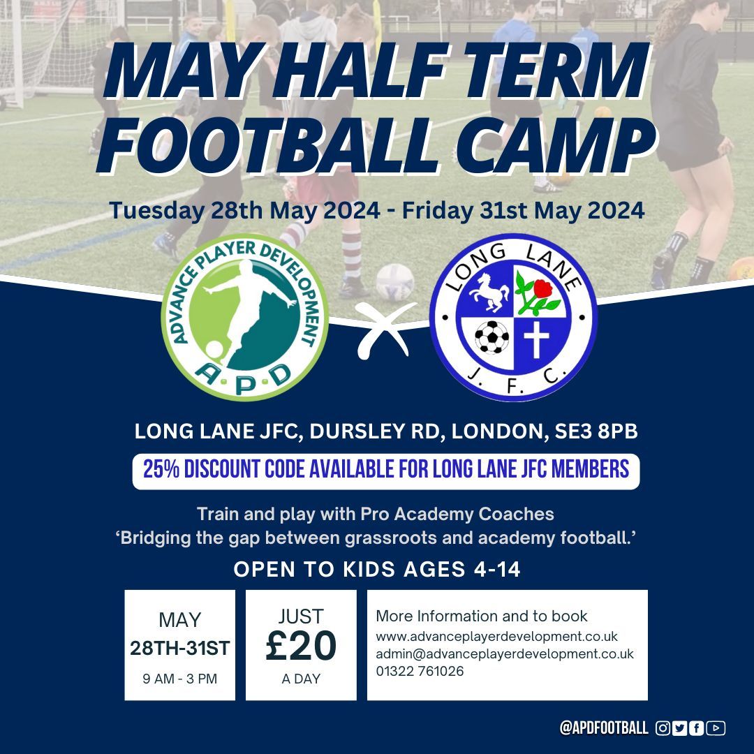 🗞️ | MAY HALF TERM FOOTBALL CAMP Following on from the success of our Easter camp, APD are back with another half term football camp. 🤝 Discounted for Long Lane members. ✍️ buff.ly/3VlFXiM #upthelane #football #Greenwich