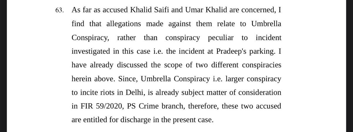 Trideep Pais, Umar Khalid’s lawyer, blatantly lied today in court. He said Umar Khalid was discharged in FIR 101/20 because court rejected witness statement against him. In truth, court said he’s being tried in larger conspiracy case already. Here’s the relevant part of the order